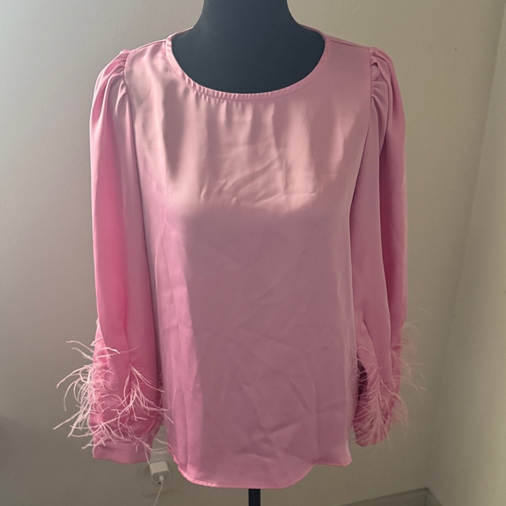 Beulah Style Elegant‎ Pink satin long sleeves Feather detailing Women's Blouse M
